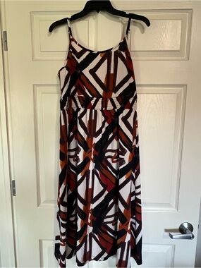 Abstract Geometric Sleeveless Midi Dress in White, Black & Rust